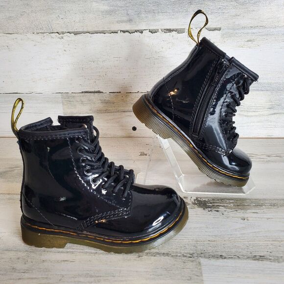 Dr. Martens 1460 T Black Lace Up Zip Patent Leather Combat Boots Toddler Size 8 - Picture 3 of 12